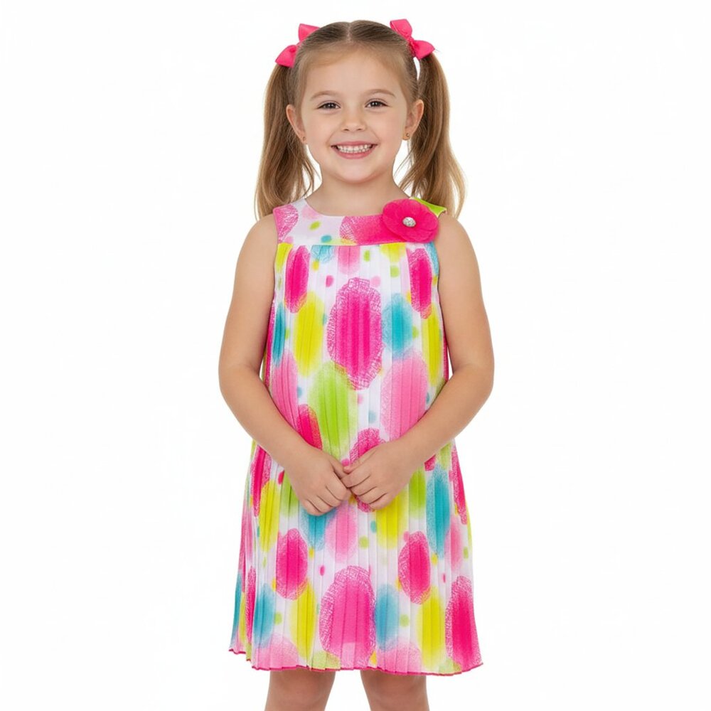 Blueberi Girls’ Empire Dress Pink Rainbow Artsy Chiffon Plisse Pleated Size 4T